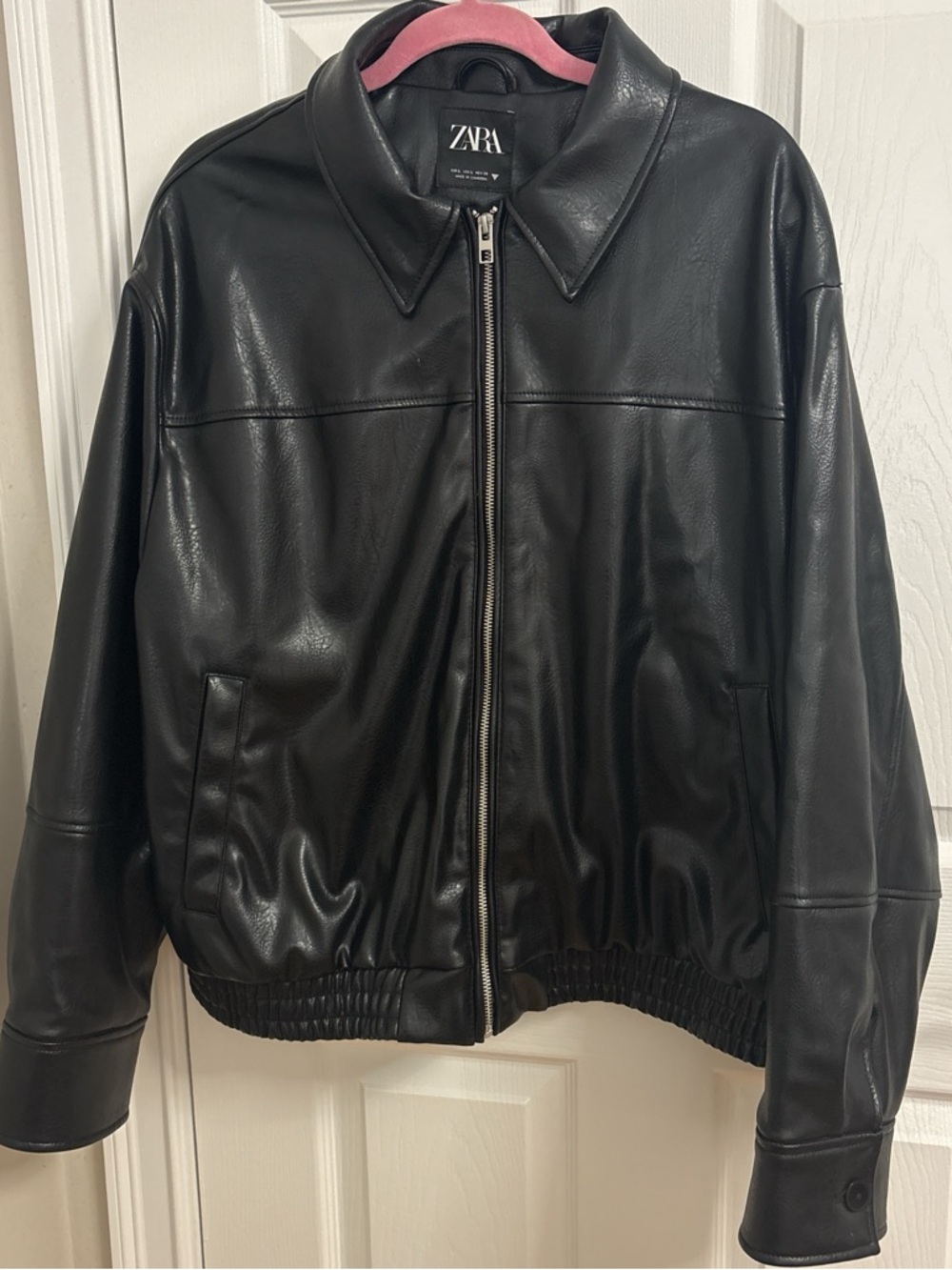 ZARA Black Faux Leather Zip-Up Bomber Jacket